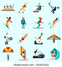 Extreme sports decorative icons set with pixel avatar people rowing skiing sailing isolated  illustration