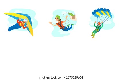 Extreme Sports Raster, Skydiving Male And Bungee Jumping Woman, Poster With Text Sample. Hobby Of People, Hang Gliding, Special Equipment Of Person