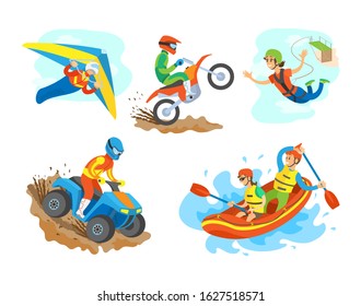 Extreme Sports Set Raster, Man Riding A Quad Bike Male On Motorcycle. Woman Bungee Jumping, Hang Gliding Person And Water Rafting Hobby Summer Hobby