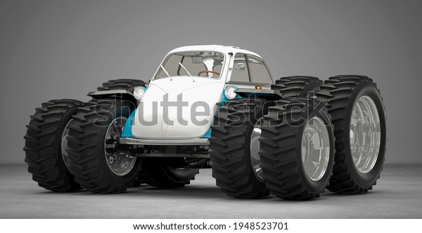 Extreme tuning, vintage car\
with giant wheels, concept, off road, 3d illustration, 3d\
rendering