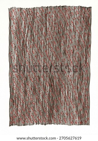 An extremely dense texture of vertical lines representing unplayable musical notation. A wall of black stems and red note heads depicting noise, musical chaos, and overwhelming sound intensity.