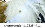 Extremely detailed and realistic high resolution 3D render of a Hurricane hitting North Carolina. Shot from Space. Elements of this image are furnished by Nasa.