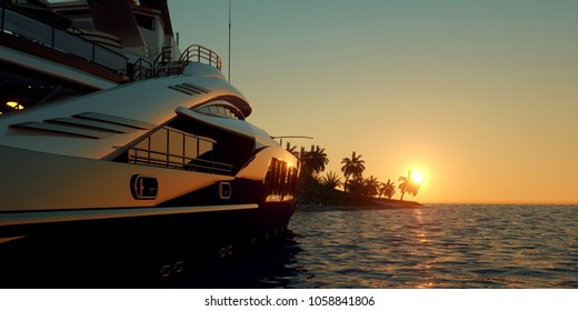 Extremely detailed and realistic high resolution 3D image of a Super Yacht approaching a tropical Island with palms