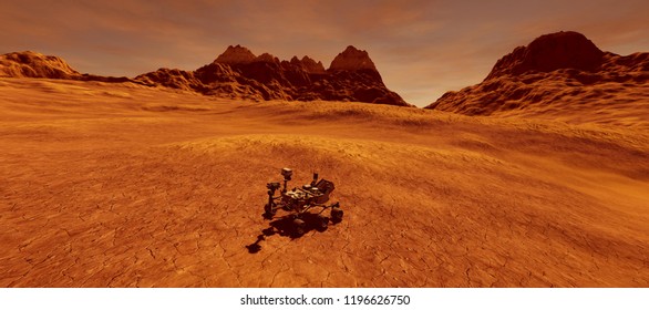 Extremely Detailed And Realistic High Resolution 3d Image Of Mars Exploration Vehicle Curiosity Searching For Life On Martian Landscape. Elements Of This Image Are Furnished By Nasa.