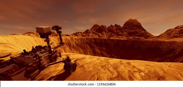 Extremely Detailed And Realistic High Resolution 3D Image Of Mars Exploration Vehicle Curiosity On Mars Like Planet. Elements Of This Image Are Furnished By Nasa.