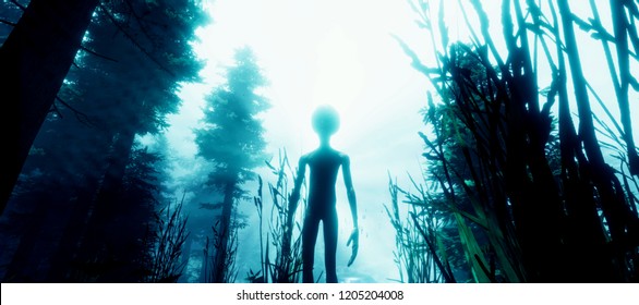 Extremely detailed and realistic high resolution 3d image of a Grey Alien standing in a forest