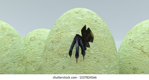 Extremely Detailed And Realistic High Resolution 3d Image Of A Dinosaur Hatching From His Velociraptor Nest Full Of Dinosaurs Eggs