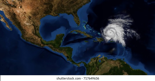 Extremely detailed and realistic high resolution image of Hurricane Maria approaching the caribbean islands and Florida. Shot from Space. Elements of this image have been furnished by Nasa.