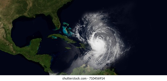 Extremely detailed and realistic very high resolution illustration of hurricane irma hitting the Caribbean. Shot from Space. Elements of this image are furnished by Nasa.