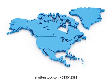 Extruded map of north america with national borders, 3d render