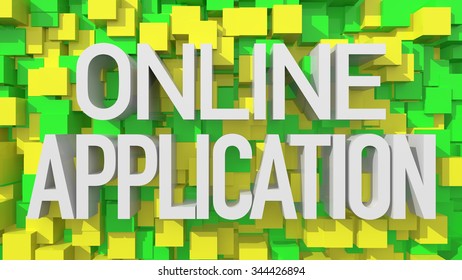 Extruded Online Application text with blue abstract backround filled with cubes