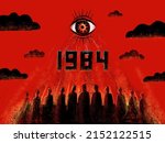 The eye of big brother over a burning crowd of people. A metaphor of dictatorship, totalitarian regime and propaganda. Raster illustration.