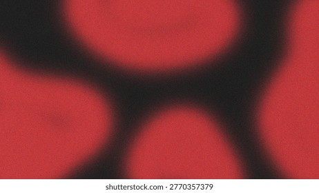 An eye catching composition of vibrant red, soft edged, organic shapes contrasting with deep dark areas, all enhanced by a distinctive grainy texture.