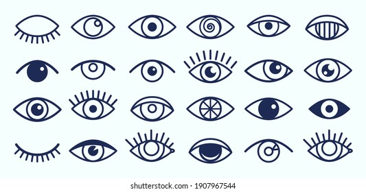 Eye Icons. Outline Eyelashes And Eyes Symbols. Ophtalmology Signs. Sight, Closed And Opened Organ Of Vision Collection