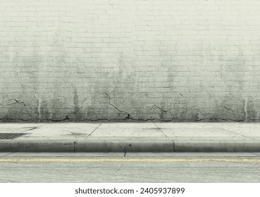 An eye level section of a worn and grubby empty street, paved sidewalk and blank brick wall in daylight - 3D render