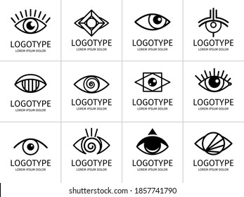 Eye Logo Black Set. Eyes Graphic Symbols, Secret And Spy, Healthy Vision And Creative Eyeball Logo Set On White