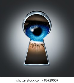 Eye Looking Through A Keyhole Representing The Privacy And Security Concept Of Spying And Secrecy Of Private Content From Surveillance With A Blue Human Eyeball Behind A Door In The Shadows.