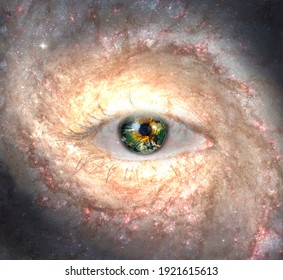 Eye in midst of Galaxy with Earth Reflection. 3D rendering