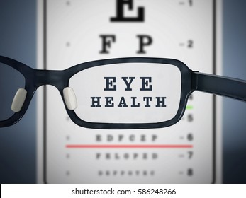 Eye Test Chart And Eyeglasses. 3D Illustration.