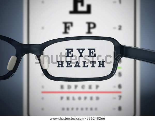 Eye test\
chart and eyeglasses. 3D\
illustration.