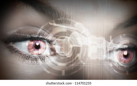 Eye viewing digital information represented by circles and signs