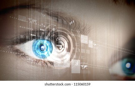 Eye viewing digital information represented by circles and signs स्टॉक चित्रण