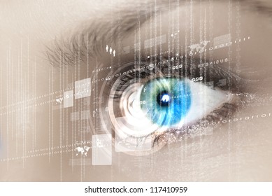 Eye viewing digital information represented by circles and signs