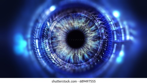 Eye viewing digital information represented by circles and signs, background depth of field. Technology concept. Security access technology. 3D Rendering