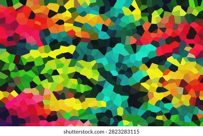 An eye-catching abstract composition of numerous small, irregularly shaped polygons in a spectrum of vibrant green, yellow, red, blue, and pink colors.