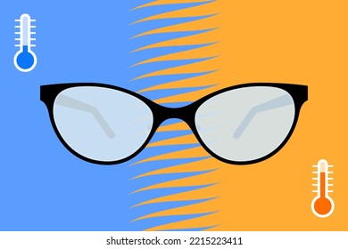 Eyeglasses With Fogged And Misted Lenses, Thermometer Icons Indicating Low And High Temperatures. Concept Of Formation Of Condensate On Lens When Temperature Changing From Cold To Warmth