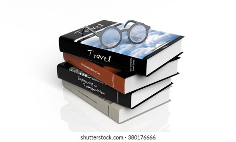 Eyeglasses set on stack of books,isolated on white background.