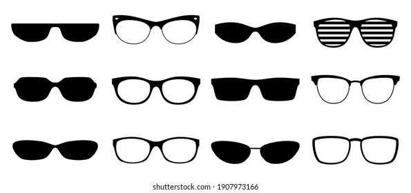 Eyeglasses silhouettes. Stylish sunglasses, different eyewear models icons set