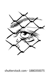 eyes with tears falling down behind a mesh metal fence
