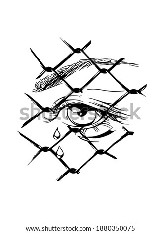 eyes with tears falling down behind a mesh metal fence