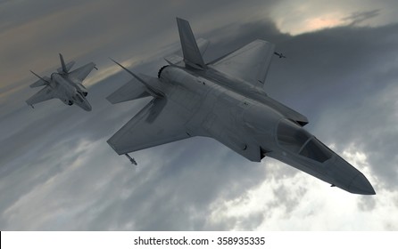 F 35 , American Military Fighter Plane.Jet Plane. Fly In Clouds