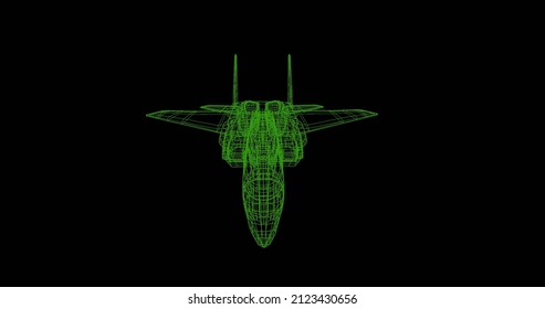 F15 3D Rendering - Front View Of Green Wireframe Model Of A F-15 Eagle Military Aircraft Jet On Isolated Black Background.