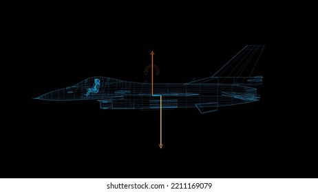 F16 3D Rendering - Front View Of Green Wireframe Model Of A F-16 Eagle Military Aircraft Jet On Isolated Black Background.