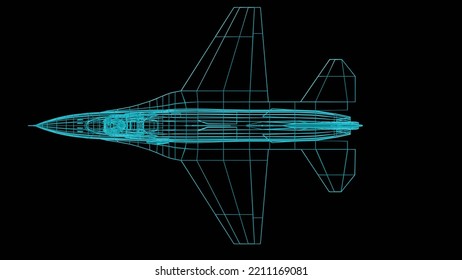 F16 3D Rendering - Front View Of Green Wireframe Model Of A F-16 Eagle Military Aircraft Jet On Isolated Black Background.