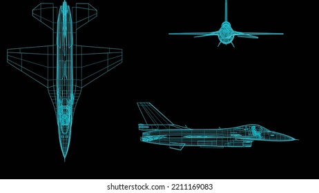 F16 3D Rendering - Front View Of Green Wireframe Model Of A F-16 Eagle Military Aircraft Jet On Isolated Black Background.