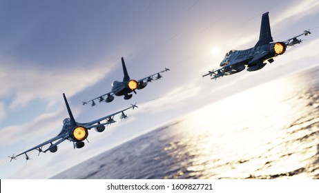 F-16 jet fighters flying together above the sea back view 3d render