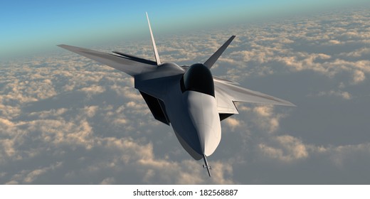 F22 Fighter Jet - An F-22 Fighter Jet Flies At An Altitude Above The Cloud Layer On Its Mission.