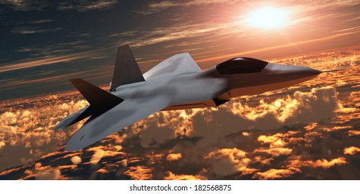 F22 Fighter Jet At Sunset - An F-22 Fighter Jet Flies At An Altitude Above The Cloud Layer On Its Mission.