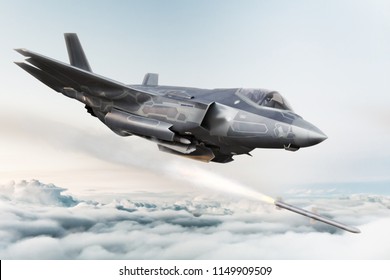 F-35 Advanced Military Aircraft Locking On Target And Firing Missile . 3d Rendering