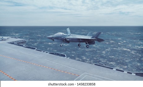 F-35 fighter takes off vertically from the aircraft carrier. 3D Rendering