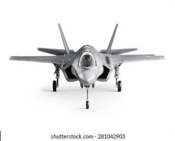 F35 strike aircraft front view isolated on a white background.