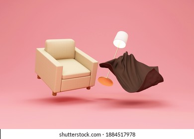 Fabric Armchair and terry blanket   Lamp Floating Pink Studio bakground  3D Rendering