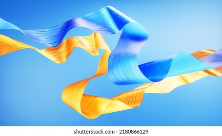 Fabric Blue Color And Yellow Color Cloth Flowing On Wind, Textile Wave Flying Movement, 3d Rendering Abstract Fashion Background