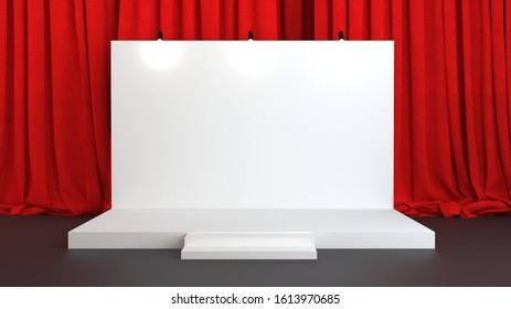 Fabric Pop Up Basic Unit Advertising Banner Media Display Backdrop, Empty Background, Press Wall With Red Curtains. 3d Render Illustration