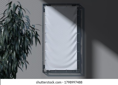 Fabric Rectangular Vertical Banner Mockup, Vinyl Poster Printing On Bright Wall In Office Near Plant. Copy Space. Empty Space. Front View. 3d Rendering.