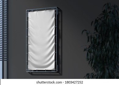 Fabric Rectangular Vertical Banner Mockup, Vinyl Poster Printing At Dark Wall In Office. Copy Space. Empty Space. 3d Rendering.